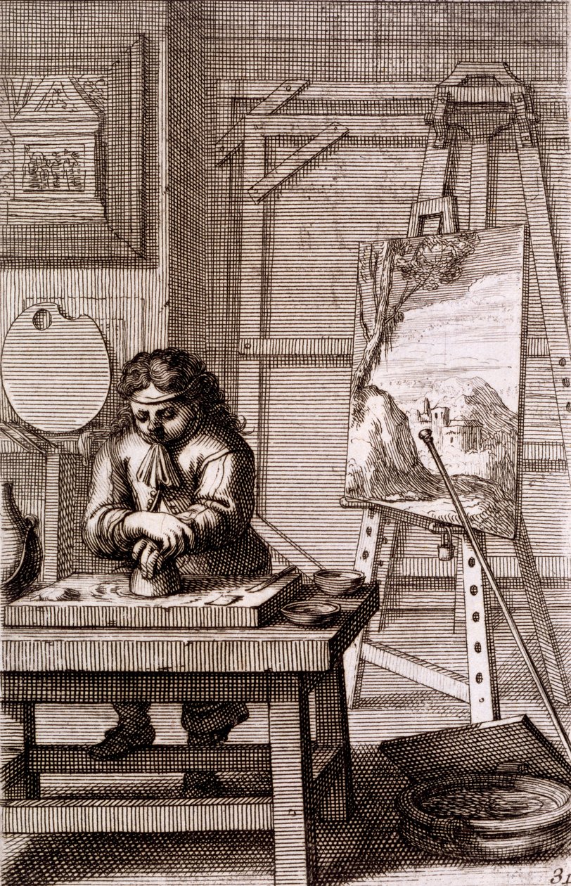 En kunstners lærling som renser en graveringsplate, fra 