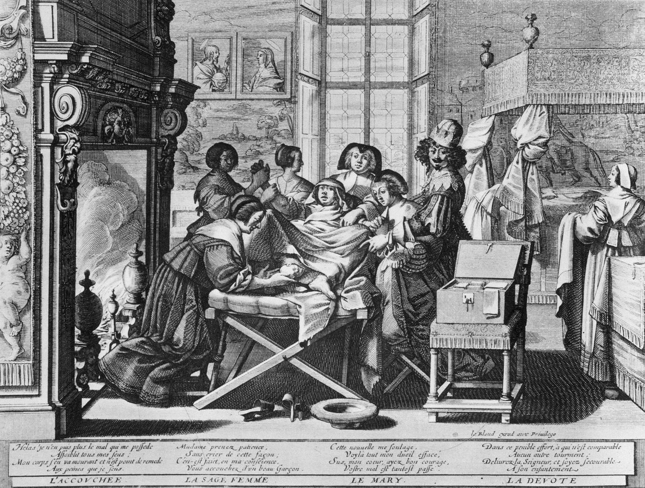 Graveringsserie (water forte) med tittelen "" Ekteskapet med byen""" fra 1633 av Abraham Bosse - "" Childbirth"": på arbeidssengen. av Abraham Bosse