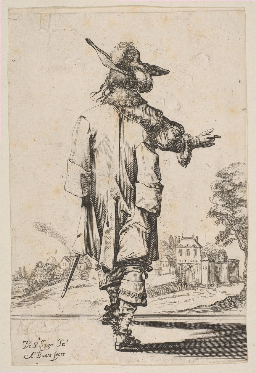 Gentleman sett fra baksiden og peker mot et slott, 1629. av Abraham Bosse