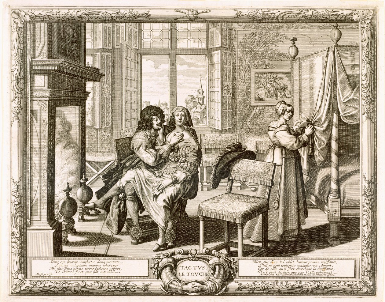 Ektemann med kone sittende på kne ved peisen, Bosse, Abraham (1602-76) av Abraham Bosse