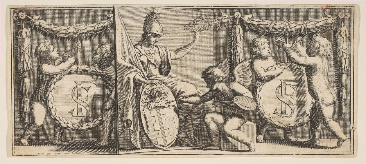 Minerva and the Arms of François Sublet de Noyers Malt av Geniu..., midten til slutten av 1600-tallet. av Abraham Bosse