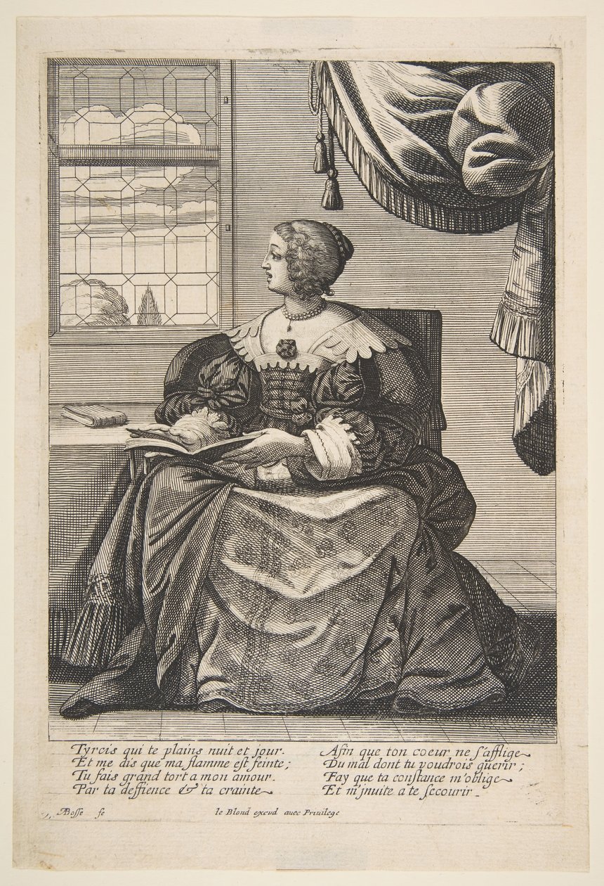 Sittende kvinne holder en bok og synger, midten til slutten av 1600-tallet. av Abraham Bosse