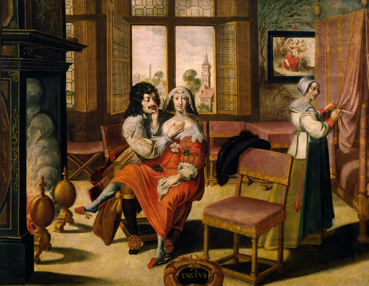 Sense of touch, ca 1635, av Abraham Bosse (1604-1676), etter maleri fra serie på 5 av ukjent kunstner, Frankrike av Abraham Bosse