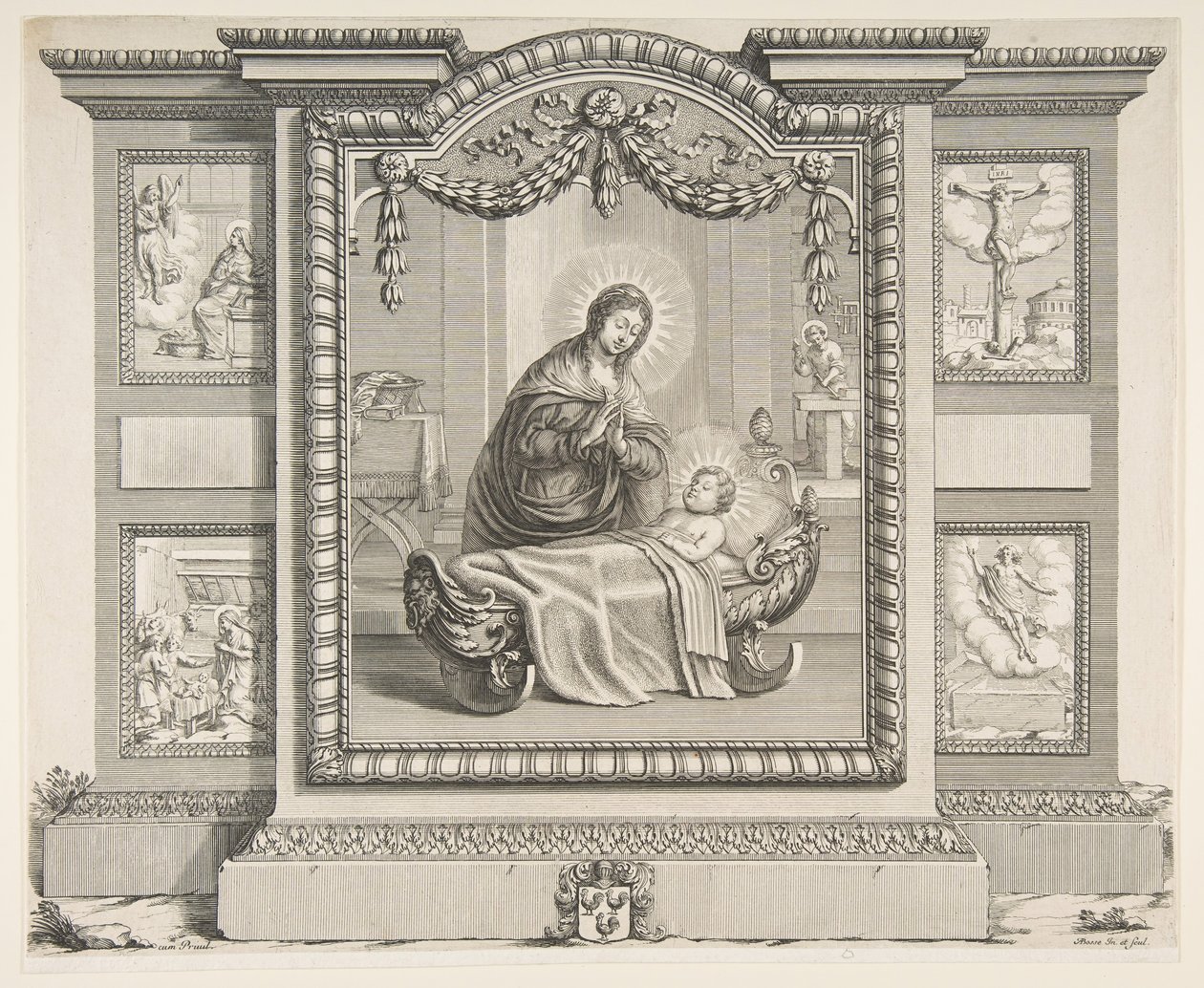 Fødselen med scener av kunngjøringen, Hyrdenes tilbedelse, Cruci..., 1620-76. av Abraham Bosse