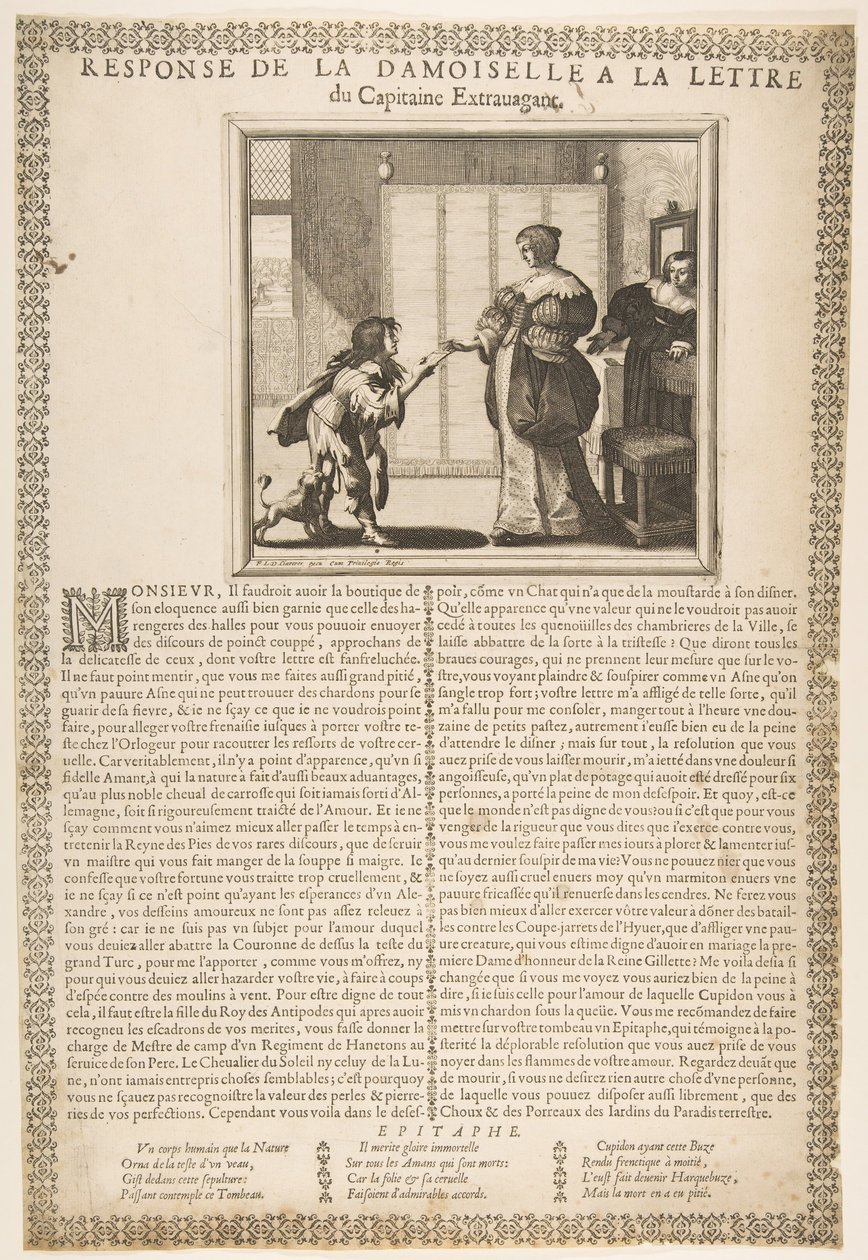 Ung dames svar på kapteinens brev, ca. 1636. av Abraham Bosse