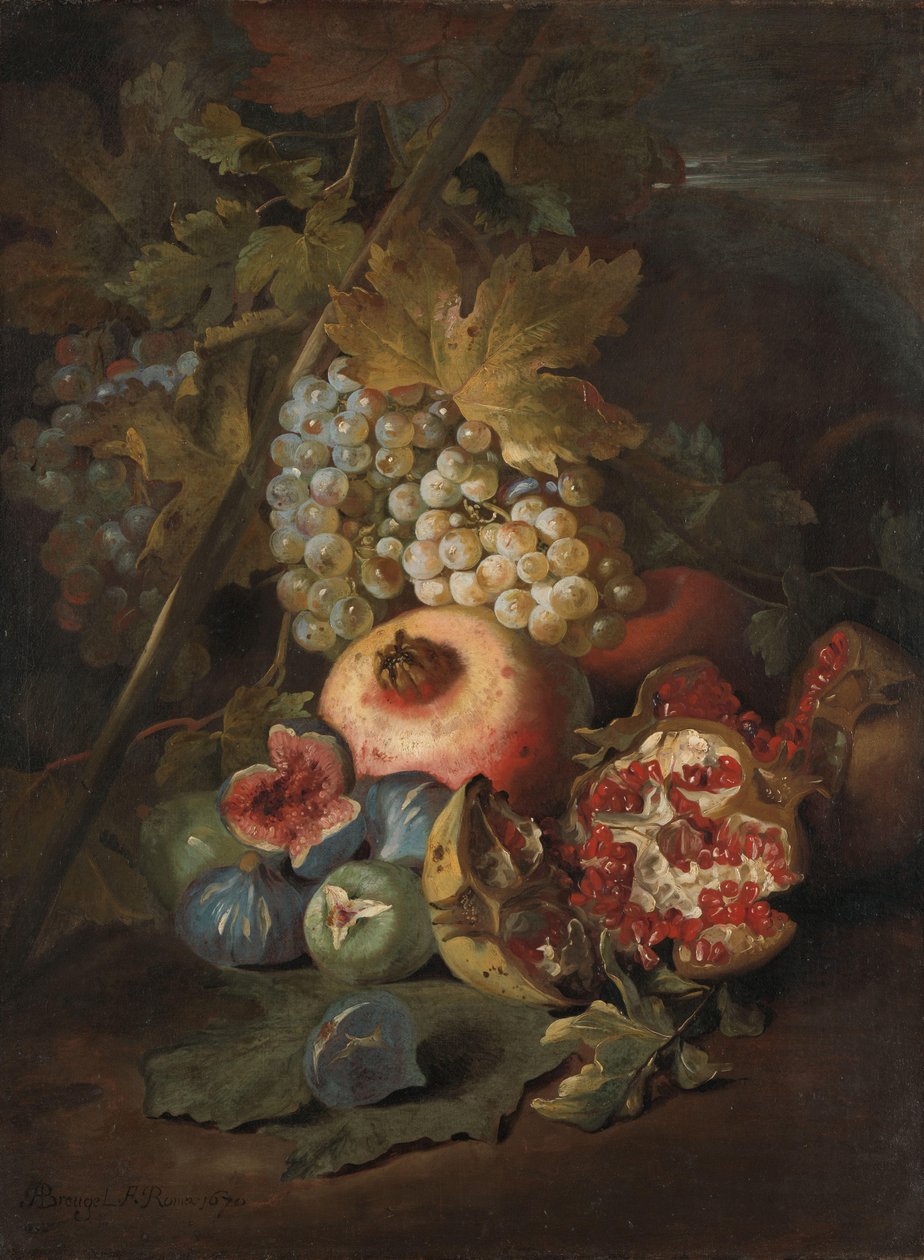 Klaser med druer, granatepler og fiken i et landskap av Abraham Brueghel