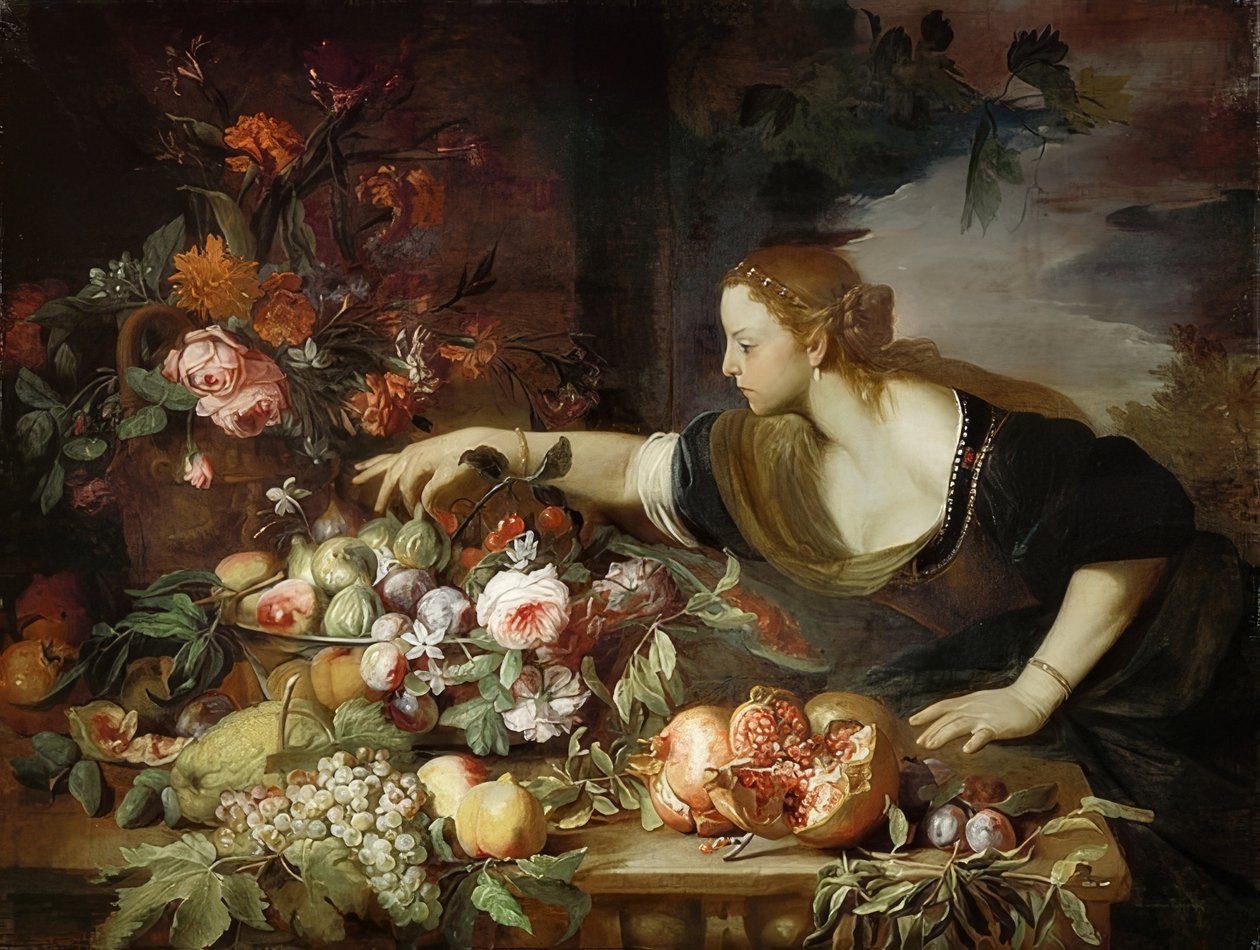 Kvinne med blomster og frukt. 1669 av Abraham Brueghel
