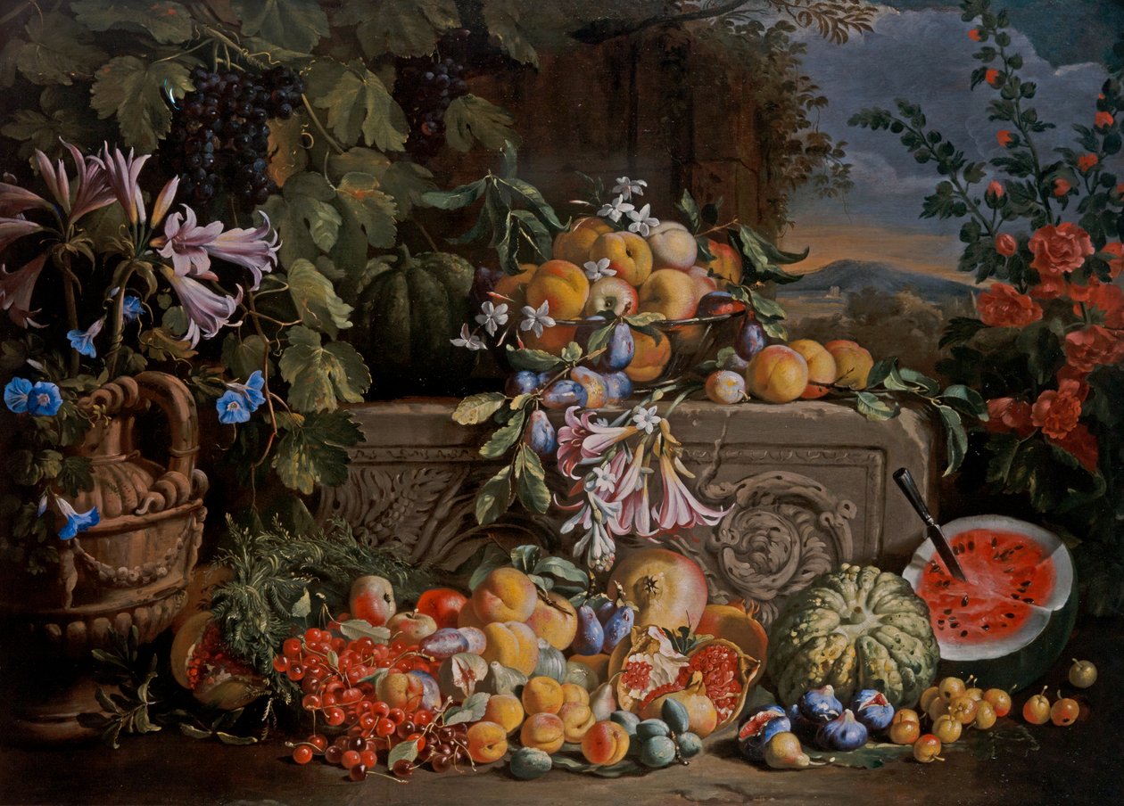 Stilleben med kirsebær, vannmelon, fersken, aprikoser, plommer, granatepler og figurer av Abraham Brueghel