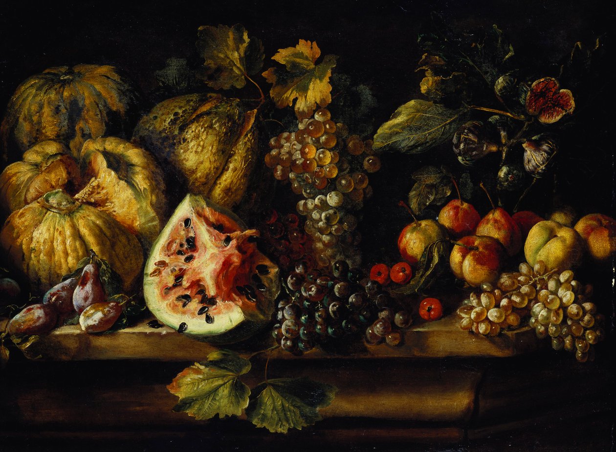 Stilleben av vannmelon, druer, plommer, fersken, kirsebær og annen frukt på en avsats av Abraham Brueghel