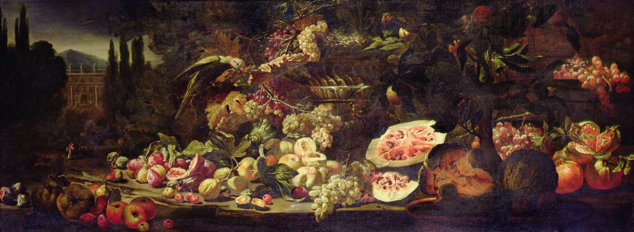 Stilleben av frukt med en grønn papegøye og en sølvvase av Abraham Brueghel