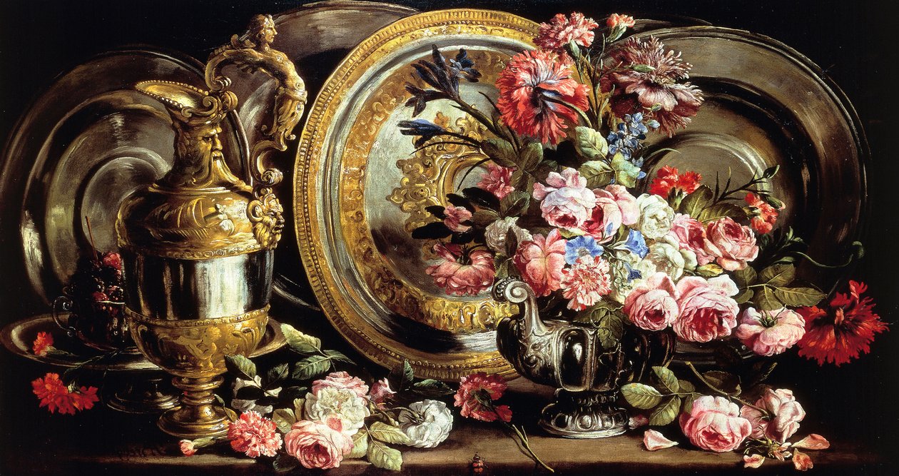 Stilleben med sølv og blomster, av Abraham Brueghel (1631-1697), olje på panel av Abraham Brueghel