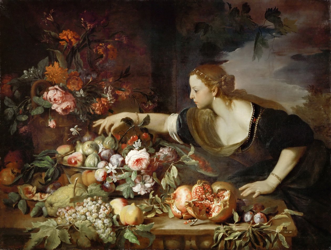 Kvinne tar frukt av Abraham Brueghel