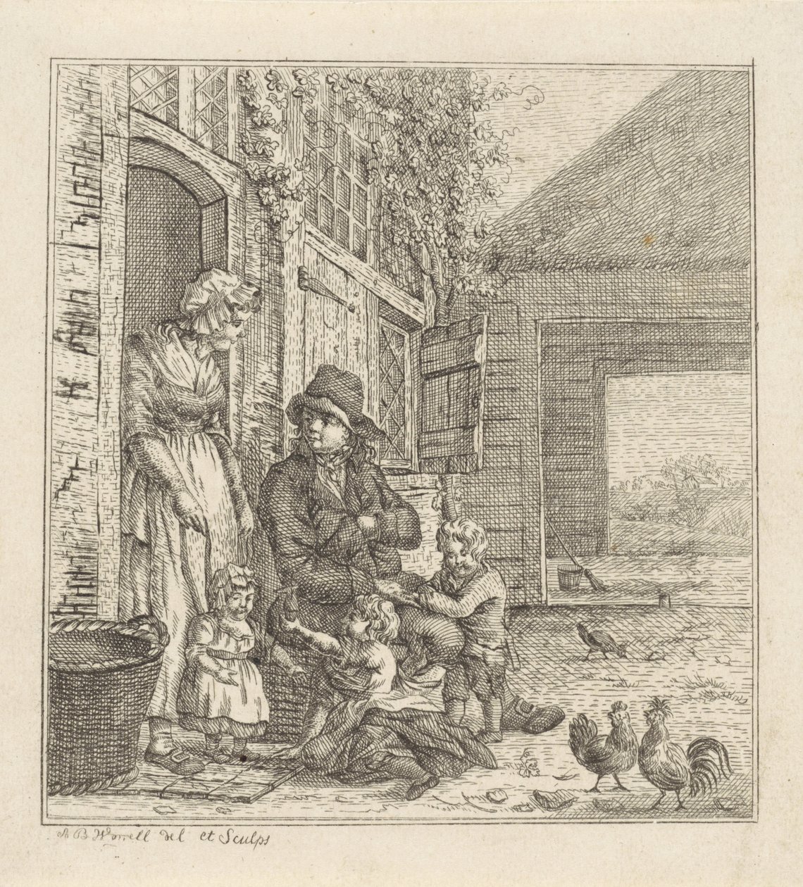 Mann og kvinne med barn ved en døråpning av Abraham Bruinings Worrel