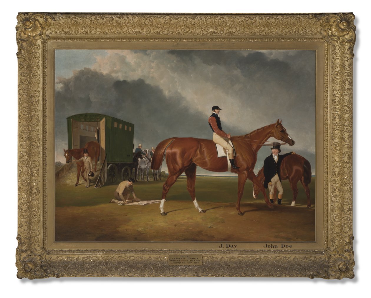 Portrett av Lord George Bentincks Horse Elis med rytter, John Day, og trener, John Doe, Doncaster, 1836 av Abraham Cooper