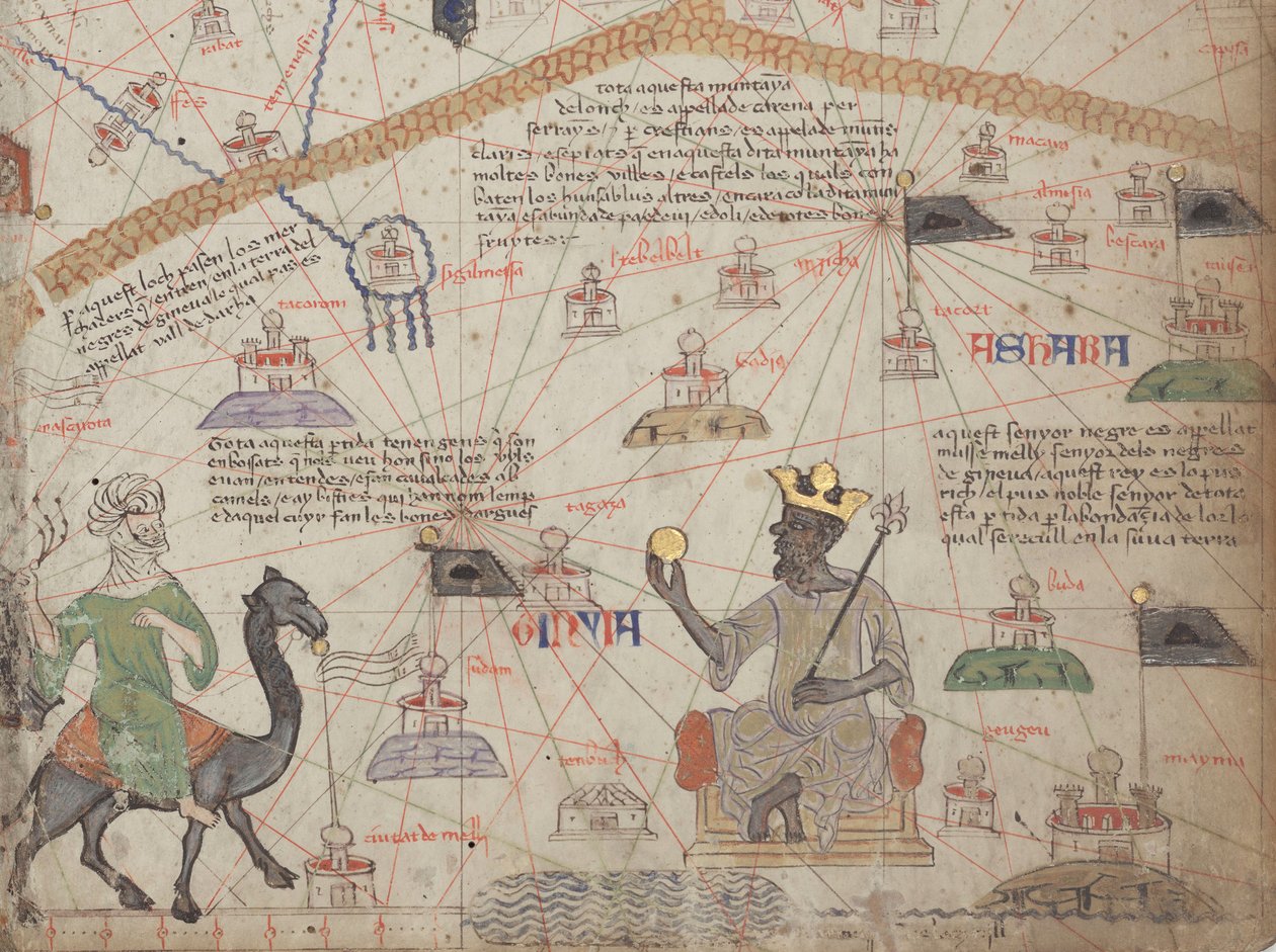 Detalj fra det katalanske atlaset, ark 6, som viser Vest-Sahara og Mansa Musa, 1375 av Abraham Cresques