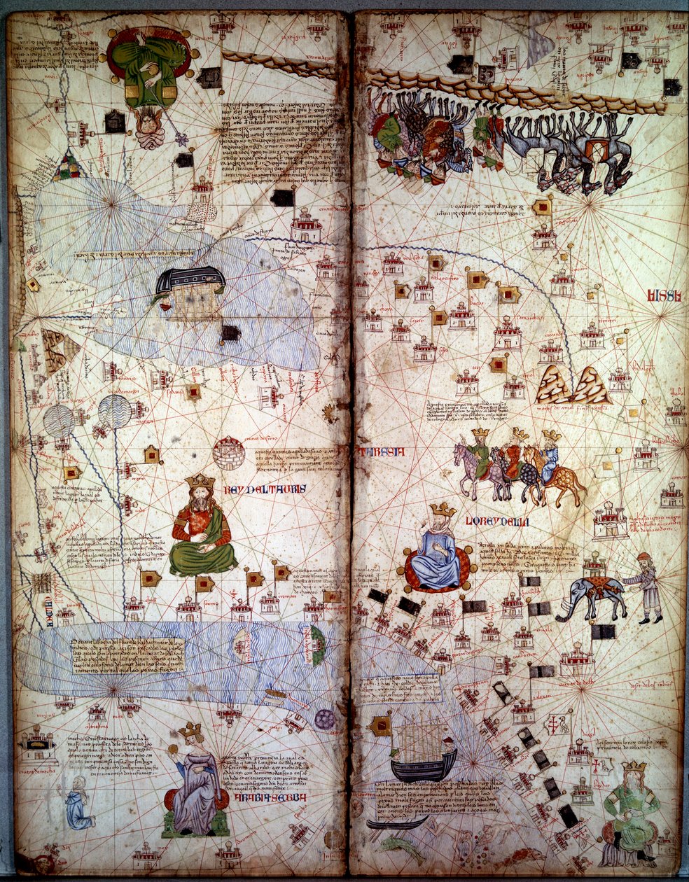 Kartlegging: Kart over Cathay (Catai) eldgamle navn på det mongolske Kina i Sentral-Asia og Europa. Det er: Delhi (India), med Aralhavet, Volga-elven, Det Kaspiske hav, Kaukasus, Eufrat, den arabiske halvøy og byene Dehli (India) (med t. av Abraham Cresques