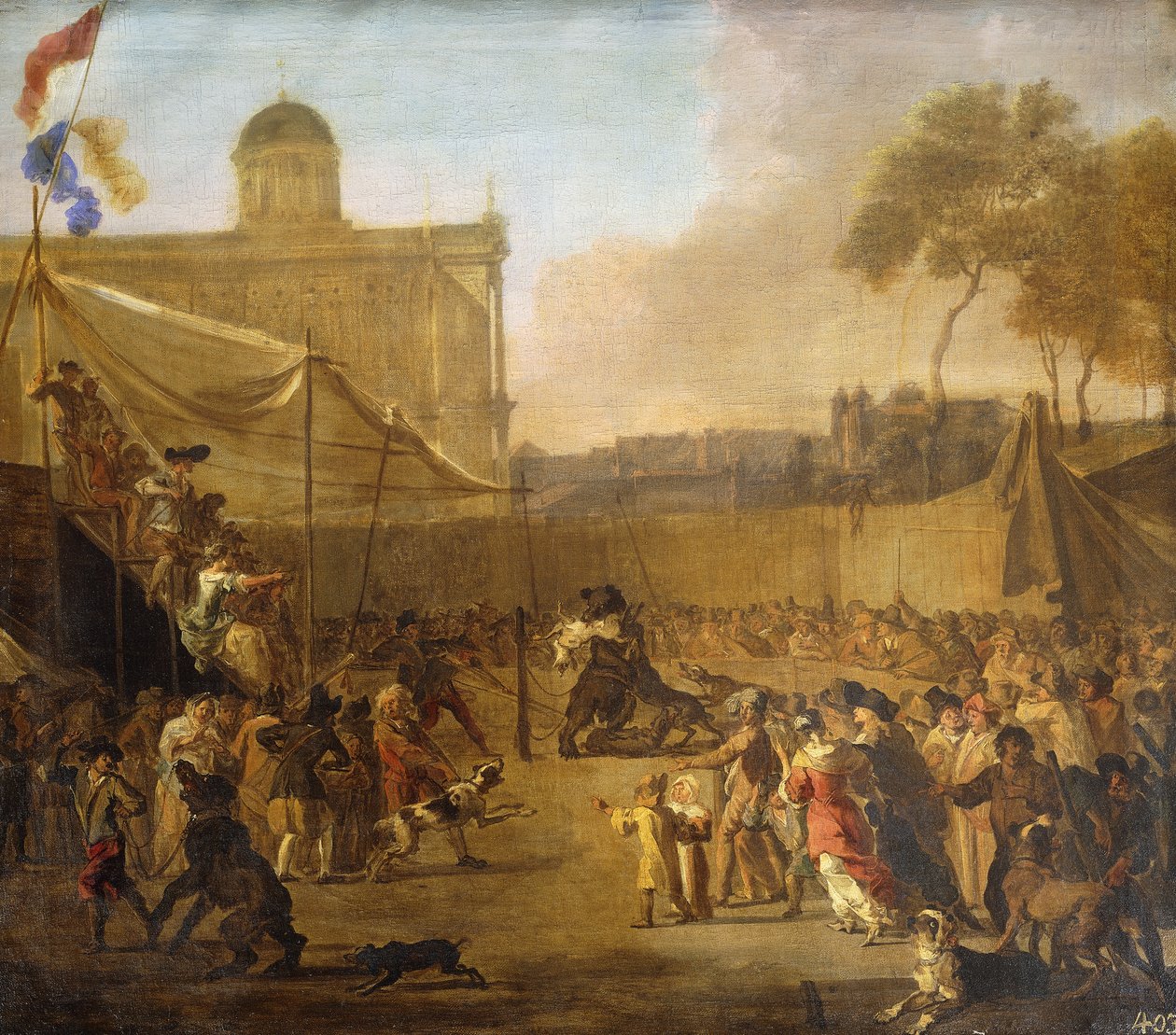 En mengde som ser på bjørn som lokker på et bytorg, av Abraham Danielsz. Hondius