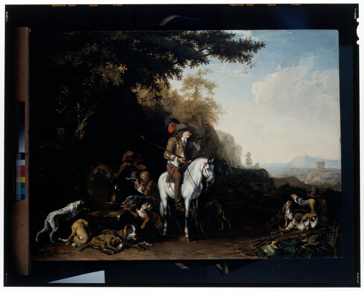 Et omfattende landskap med et jaktselskap som hviler ved et vanntrau og en sportsmann som skyter av Abraham Danielsz. Hondius