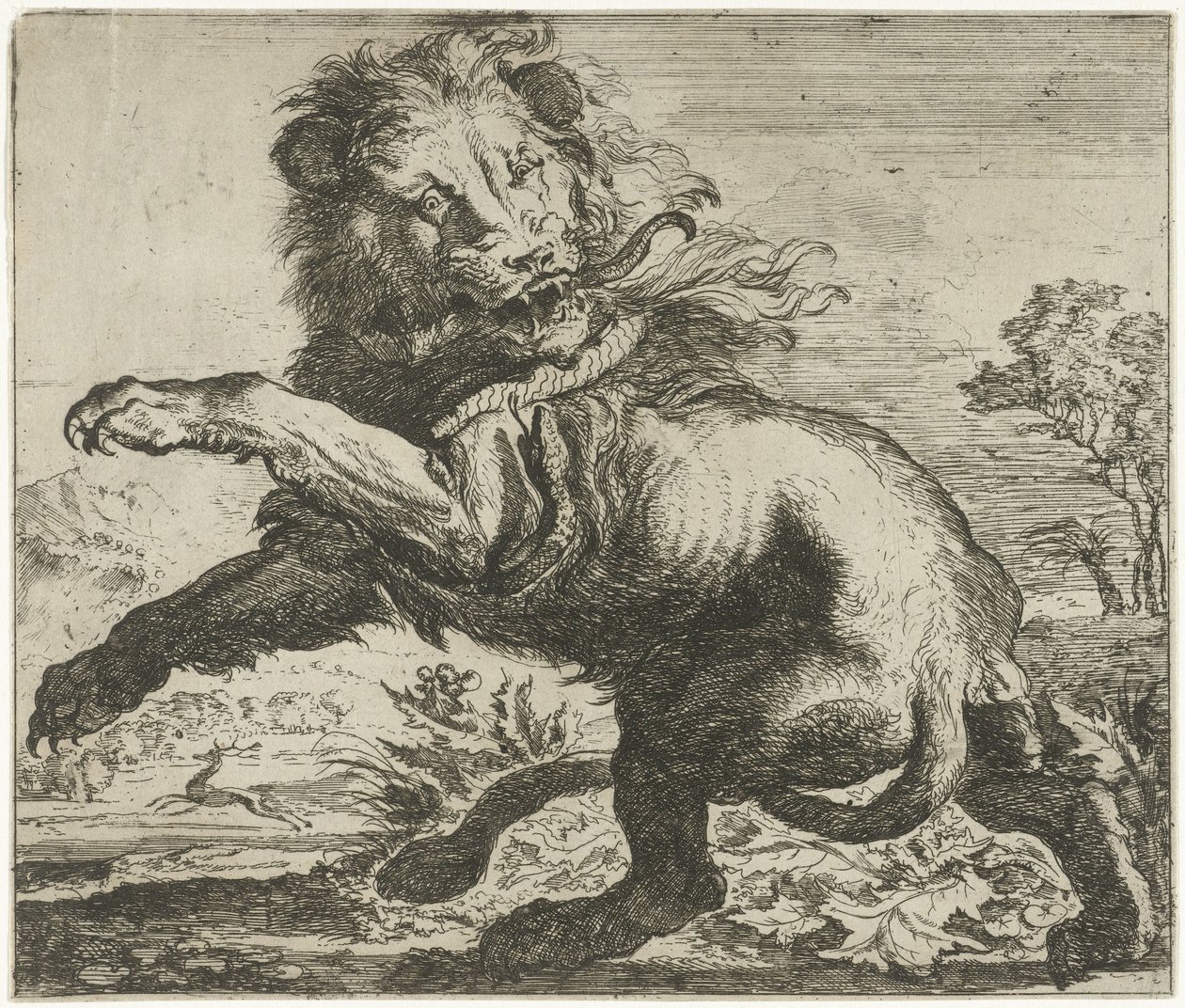 Løve og slange slåss Forskjellige dyr (serietittel) av Abraham Danielsz. Hondius