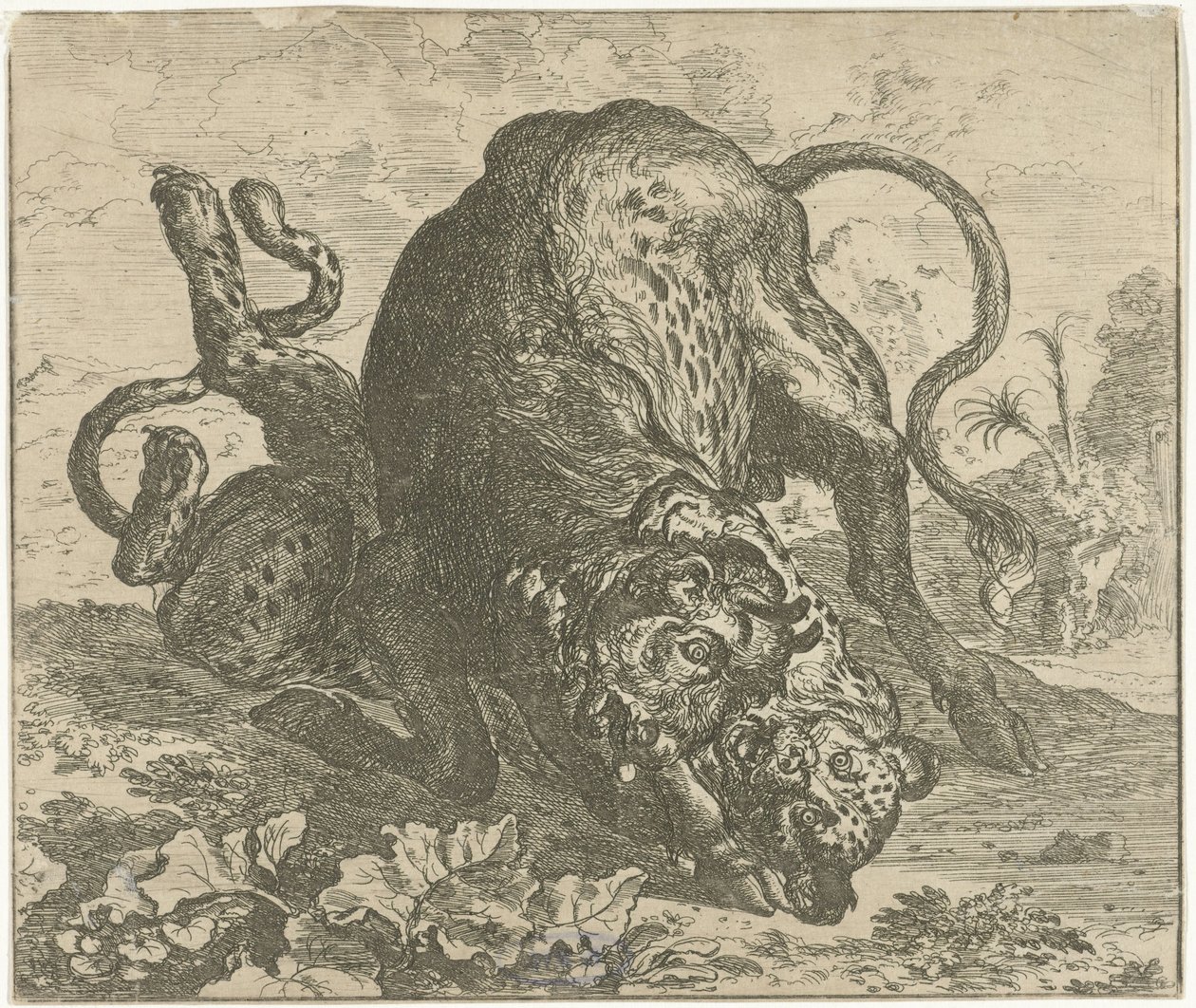 Leopard og Bull Forskjellige dyr (serietittel) av Abraham Danielsz. Hondius