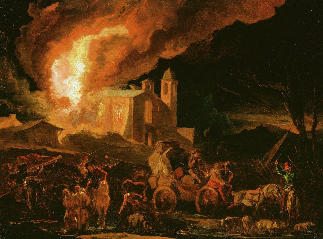 Soldater plyndrer et brennende kloster (olje på panel) av Abraham Danielsz. Hondius