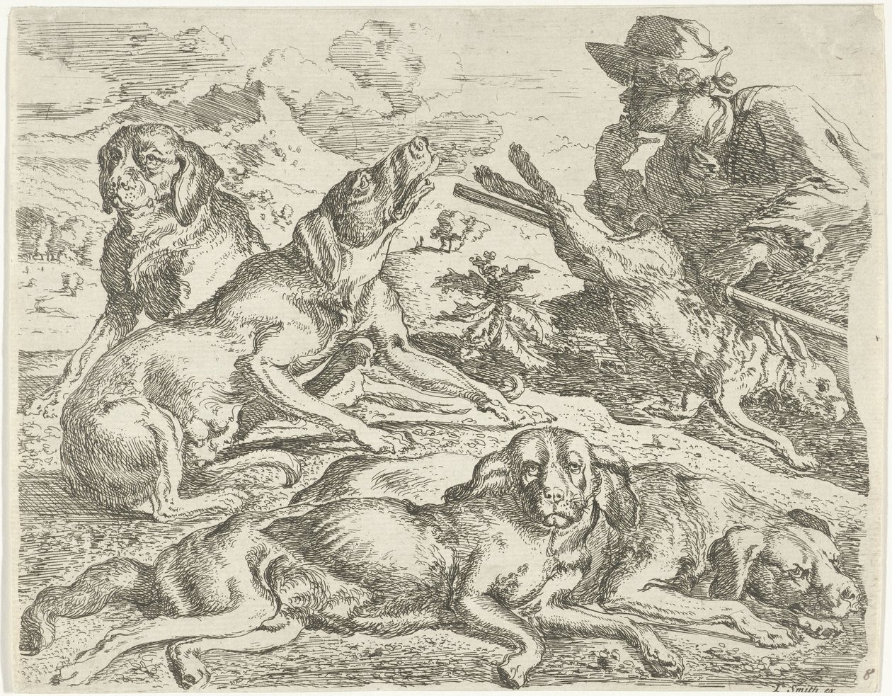 Fire hunder, en jeger og en hare av Abraham Danielsz. Hondius