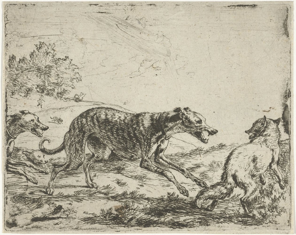 Fox og de tre hundene av Abraham Danielsz. Hondius
