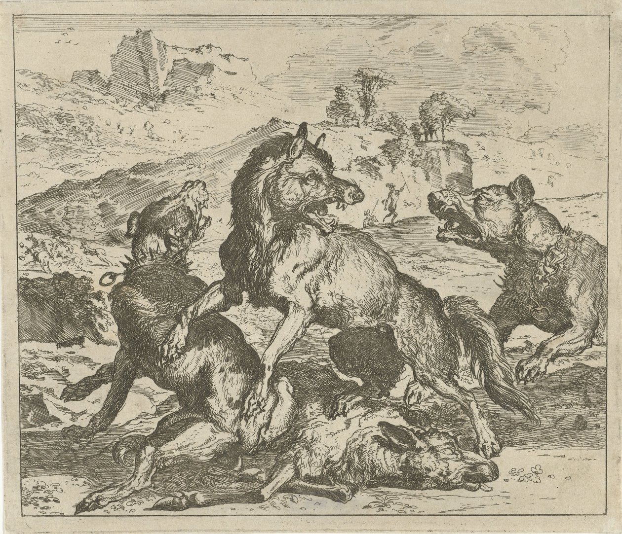 Ulv angrepet av hunder Diverse dyr (serietittel) av Abraham Danielsz. Hondius