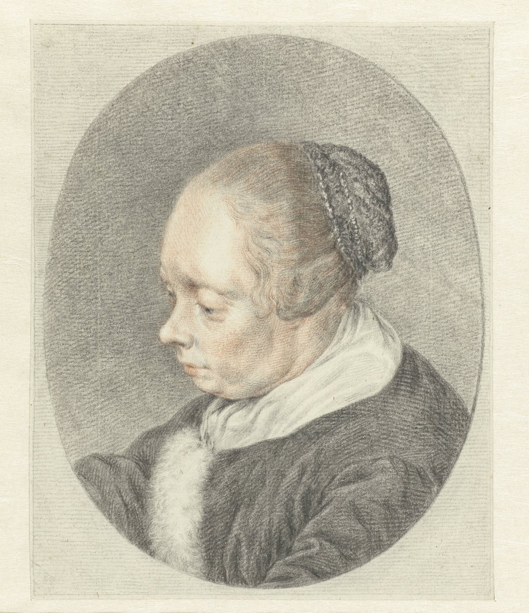 The Spinster (detalj av kvinnens hode) av Abraham Delfos