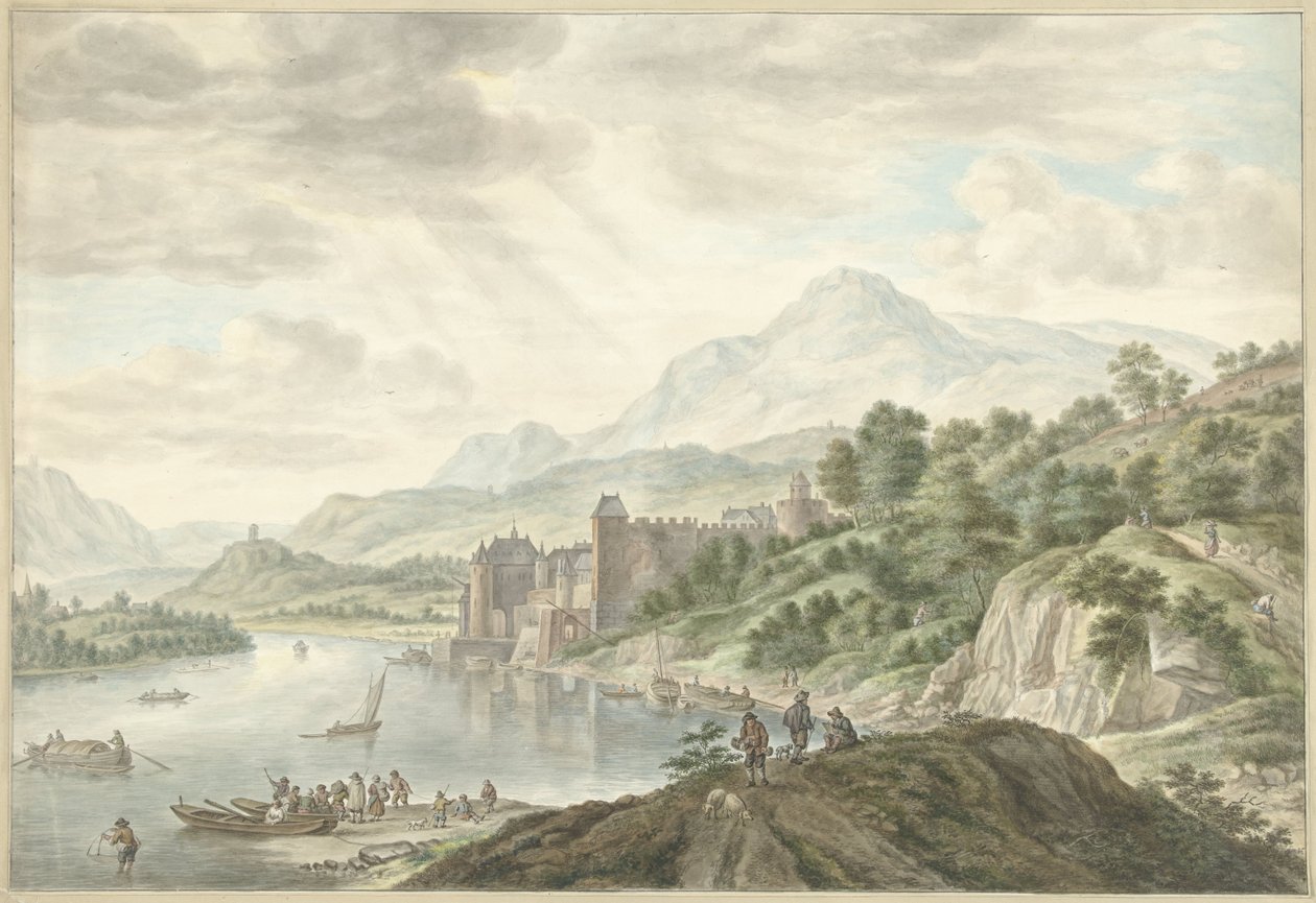 Kupert landskap med et slott ved en elv av Abraham Delfos