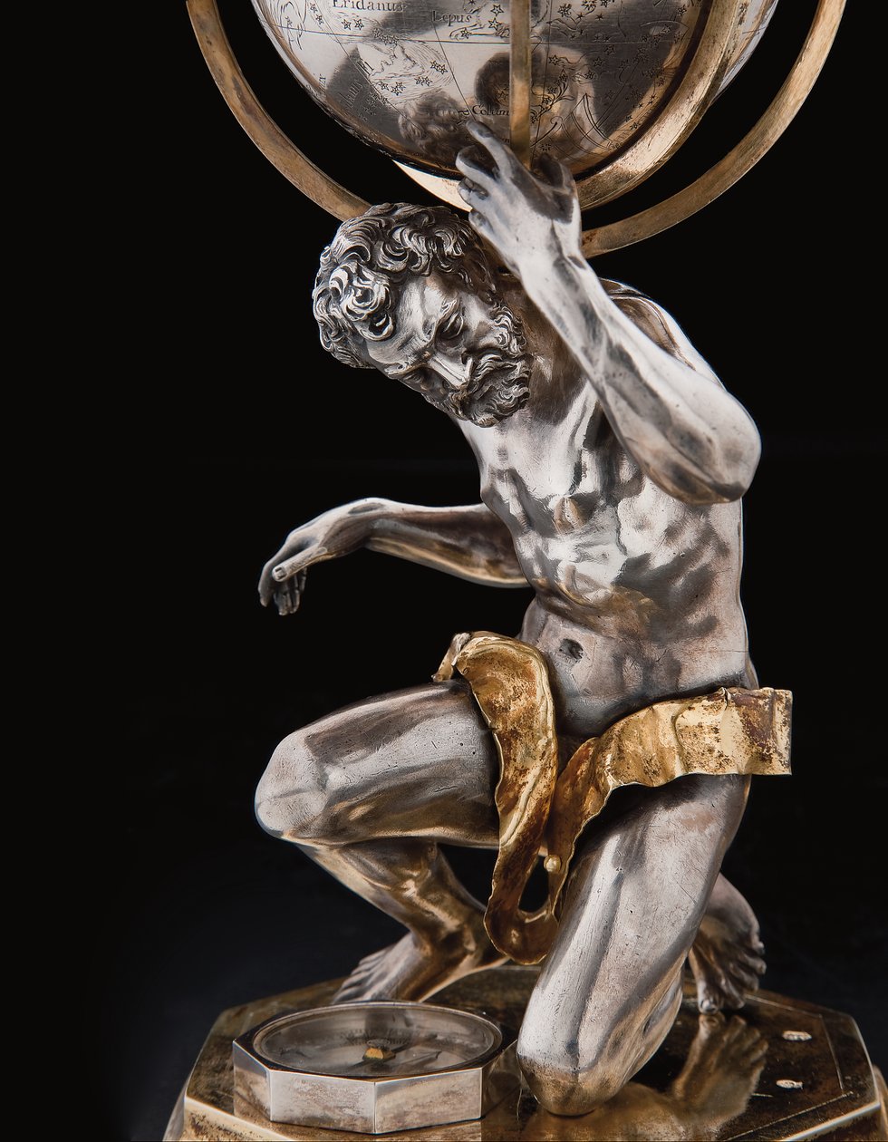 To eksepsjonelle jord- og himmelkloder, støttet av Hercules og Atlas, Augsburg, 1697-99 av Abraham Drentwett