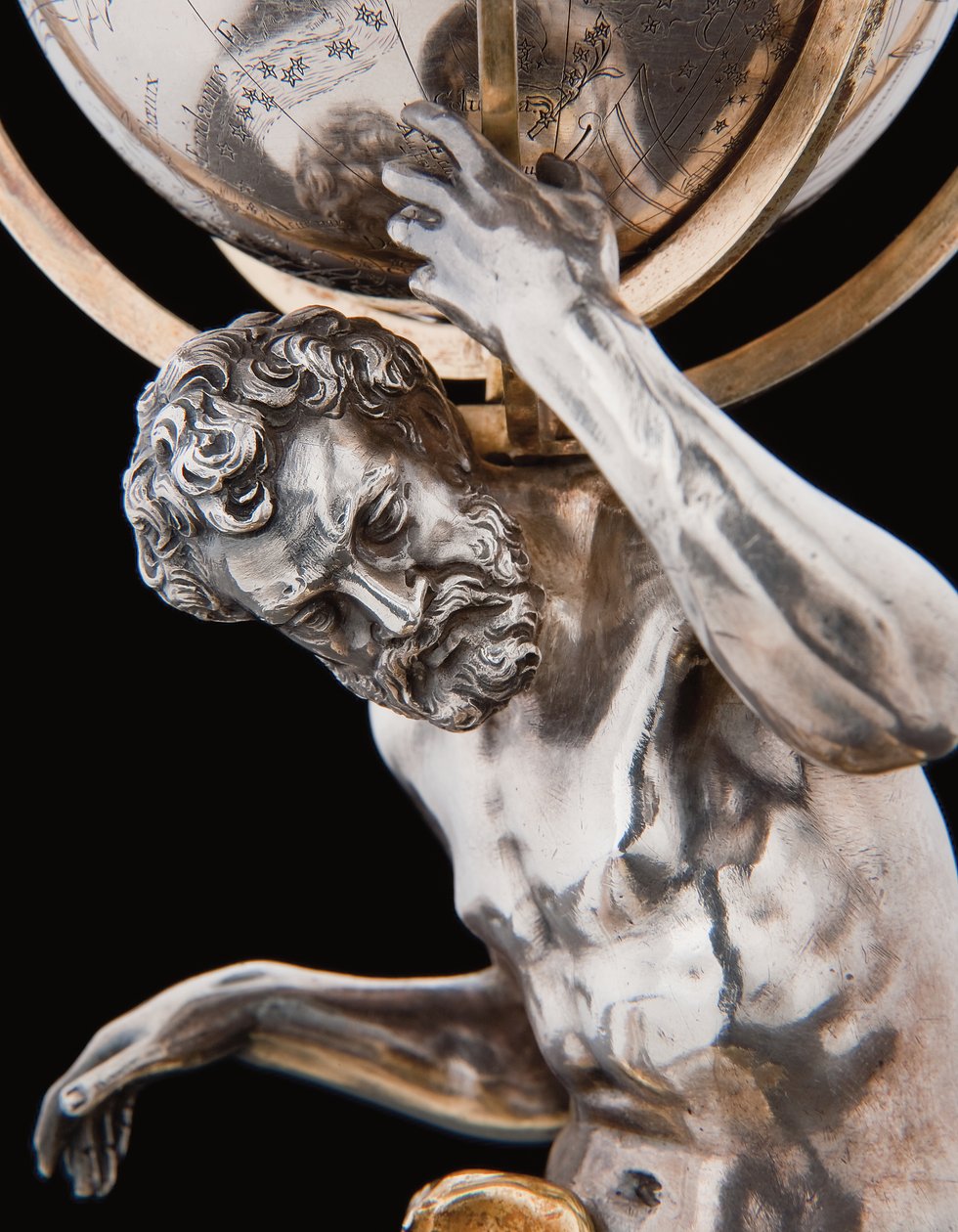To eksepsjonelle jord- og himmelkloder, støttet av Hercules og Atlas, Augsburg av Abraham Drentwett