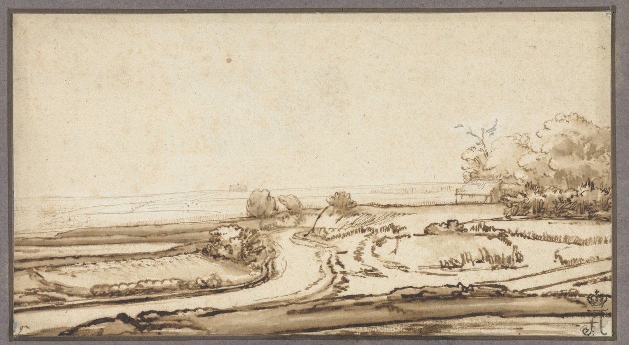 Bølgende landskap med vei og hus i skogkanten av Abraham Furnerius