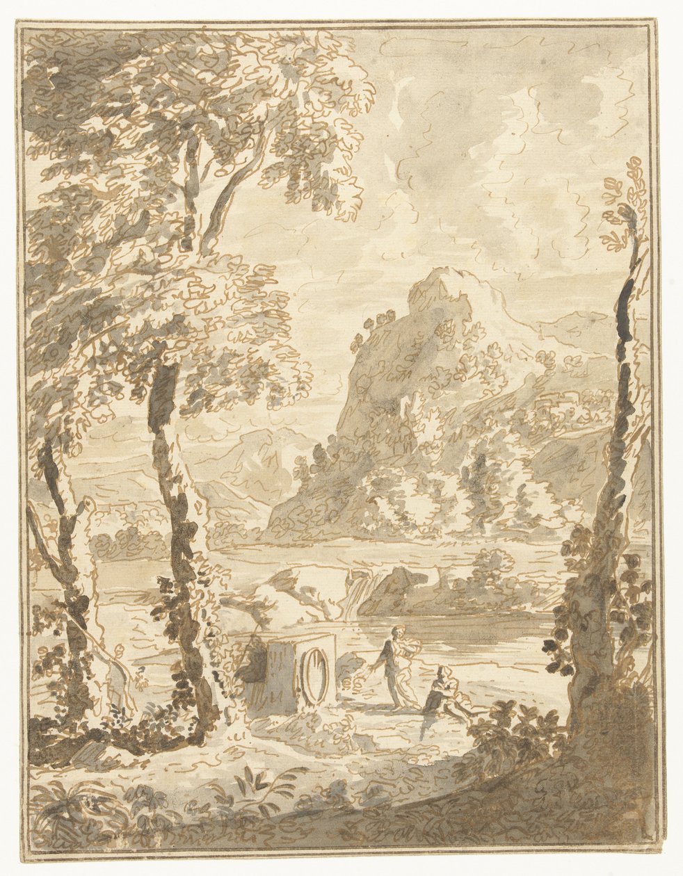 Arkadisk landskap med små figurer av Abraham Genoels (II)