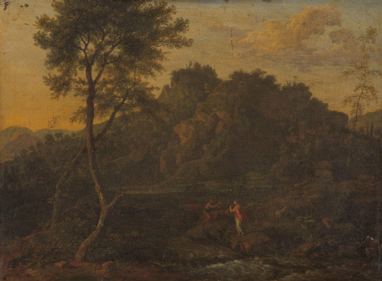 Nymfe og hyrde som lager musikk i et landskap av Abraham Genoels (attributed to)