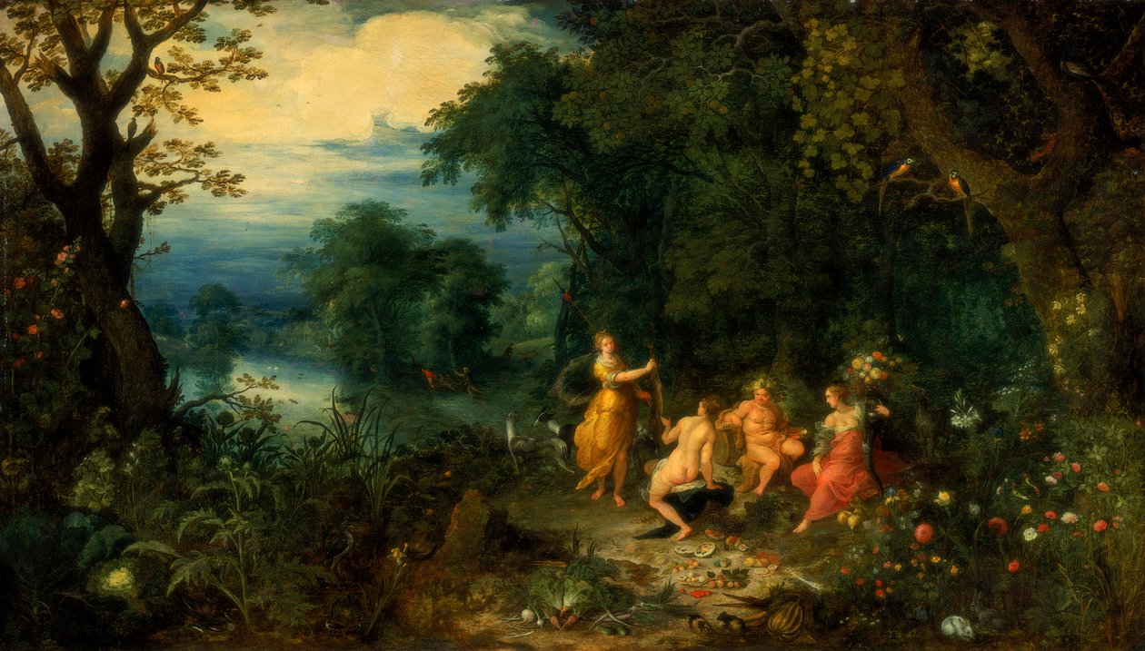 Et landskap med tre, Diana tilbyr en hare til en nymfe, Silenus og Ceres i forgrunnen, c1614 av Abraham Govaerts