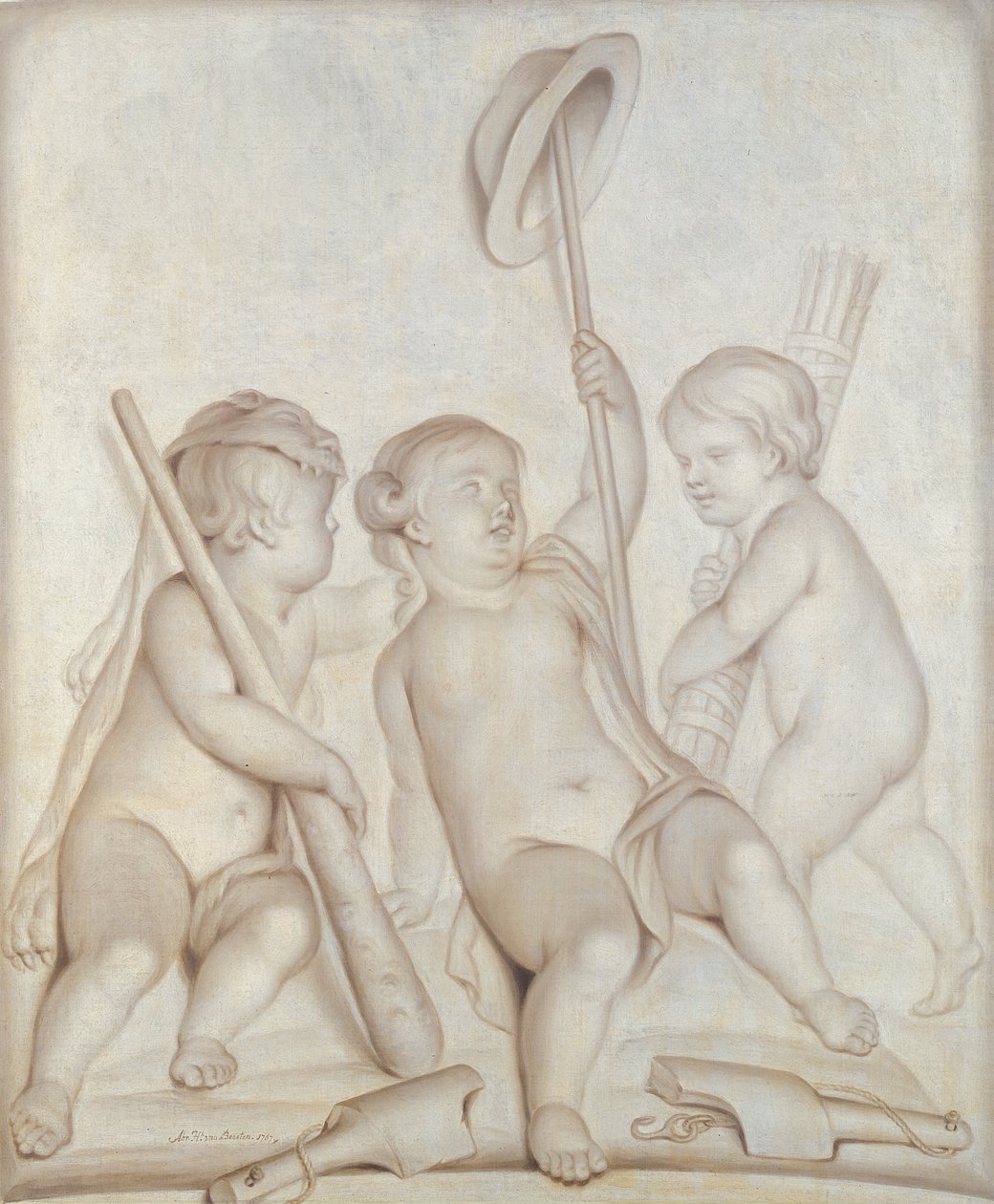 De tre kjerubene (grisaille), Putti med attributtene til Hercules og Mercury, 1767 av Abraham Hendrick van Beesten