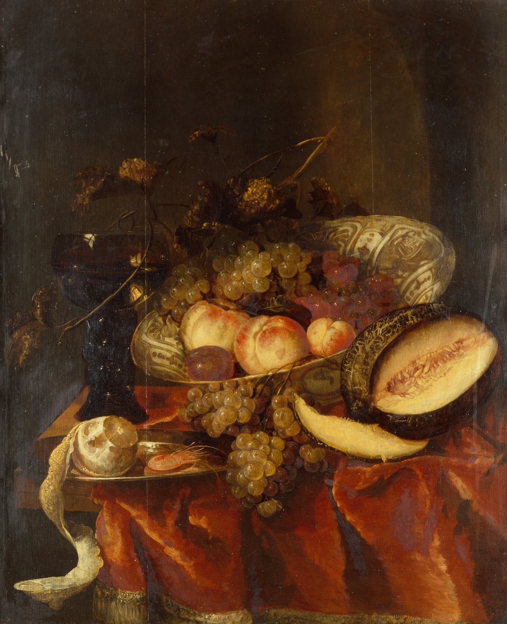 Frukt i en Wanli Kraak porselensskål med glass, melon og tinntallerken (olje) av Abraham Hendricksz van Beyeren