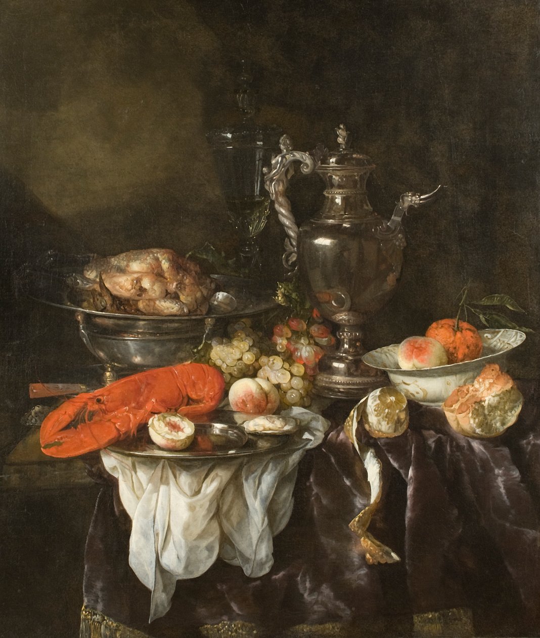 Stilleben med hummer, frukt, sølv og porselen, ca. 1660 (olje på lerret) av Abraham Hendricksz van Beyeren