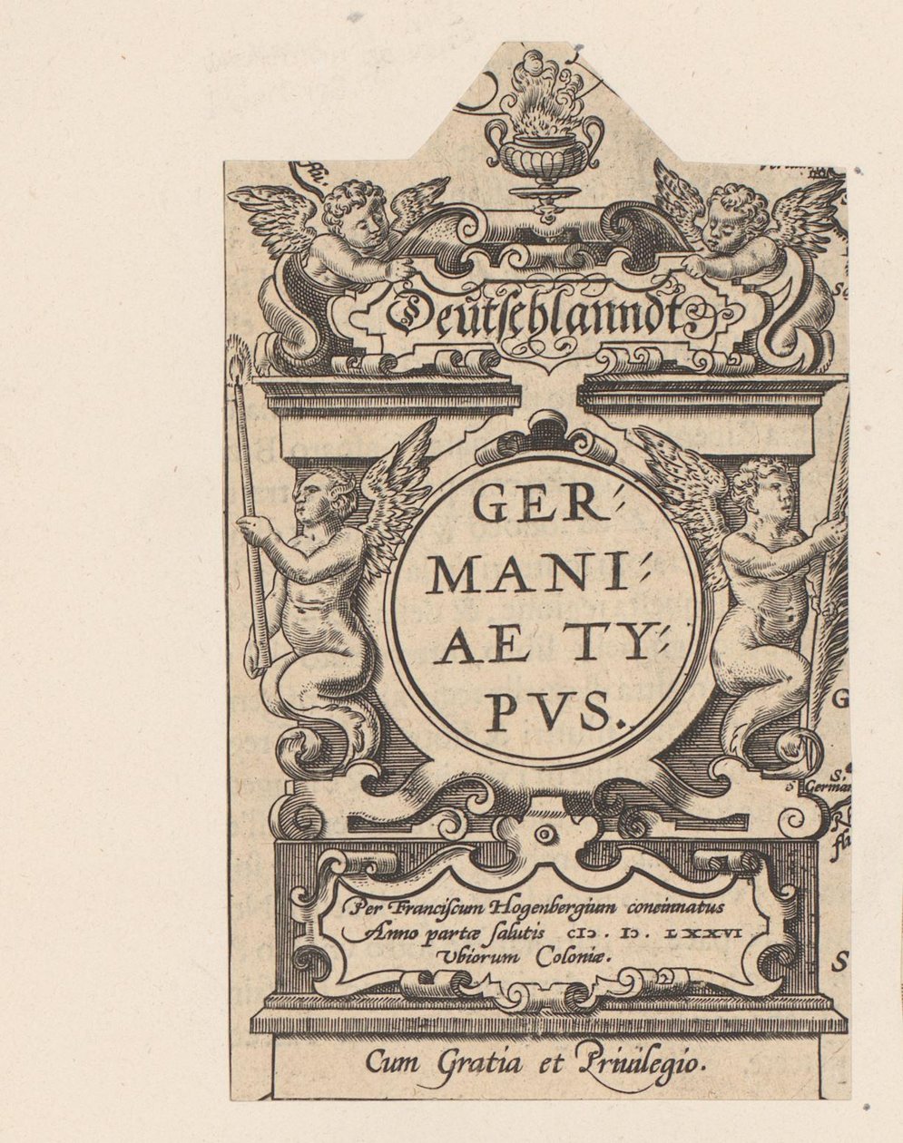 Cartouche met vier putti Cartouche av en kart fra Tyskland Tyskland Type Tyskland (tittel på objekt) Theatrum Orbis Terrarum (serietittel) av Abraham Hogenberg