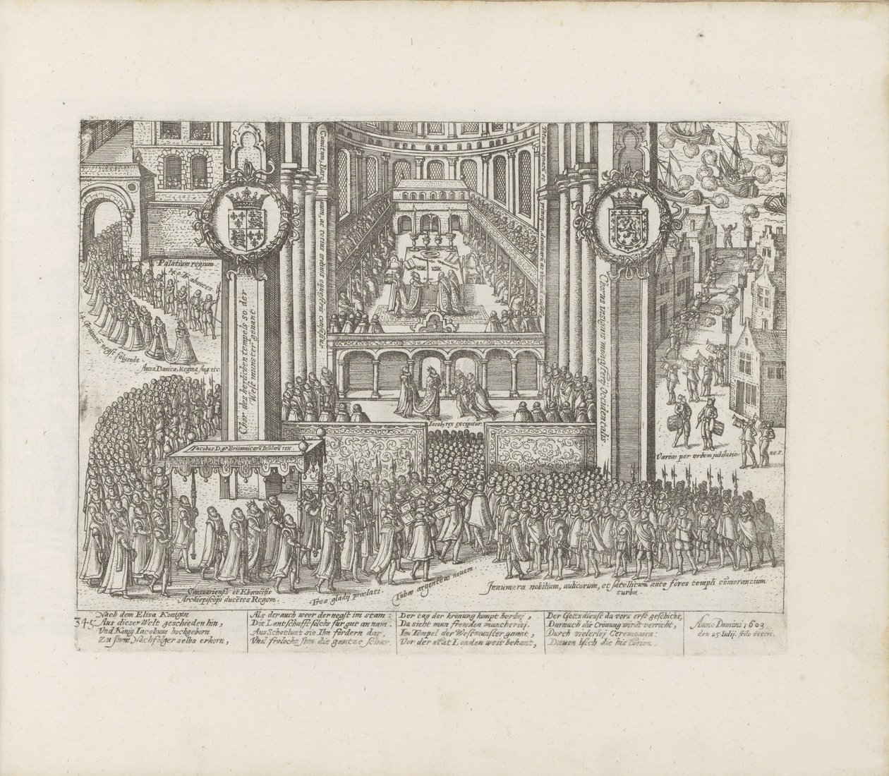 Utsikt over utsiden av Westminster Abbey under kroningen av James I, 1603-1604. av Abraham Hogenberg