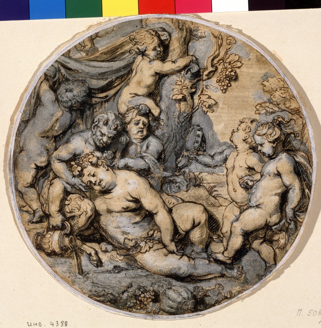 ""Bacchus endormi"" (Sovende Bacchus) Han er omgitt av putti, satyr Blekktegning av Abraham Jansz van Diepenbeeck (1596-1675) Pushkin-museet fra 1600-tallet, Moskva av Abraham Jansz. van Diepenbeeck