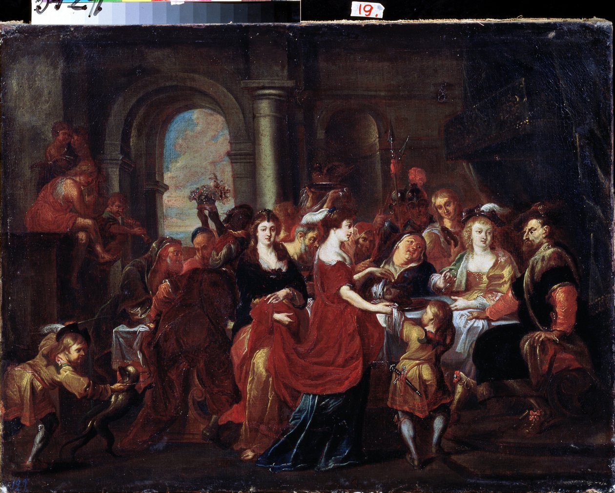 ""Herodes fest"" (Herodes bankett) Herodes bankett (Herode Antipas) hvor datteren til Herodiade (Salome) krever hodet til døperen Johannes (Jean Baptiste) på et fat for å tilby det til sin mor. Helgenens hode er plassert på bordet. Maling av Abraham Jansz. van Diepenbeeck