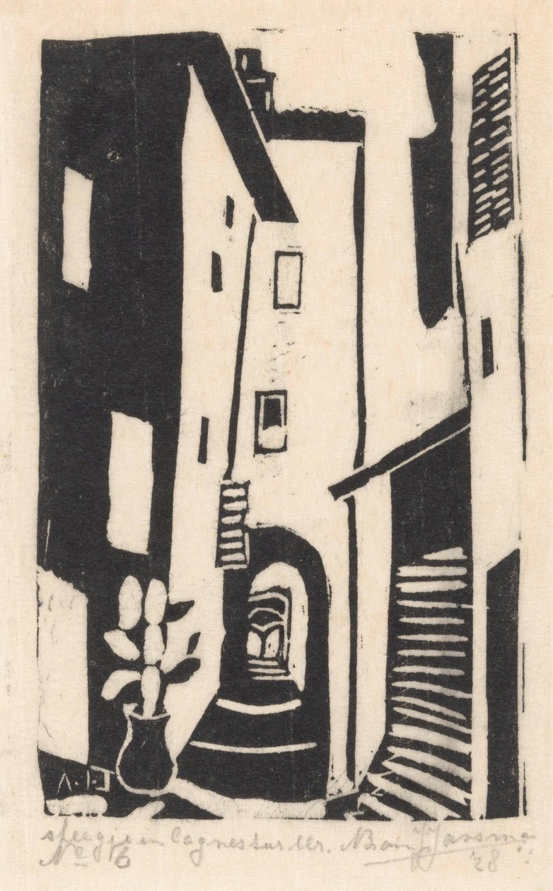 Gateutsikt med trapper i Cagnes-sur-Mer Alley i Cagnes-sur-Mer (tittel på objekt) av Abraham Johannes Jansma (signed by artist)