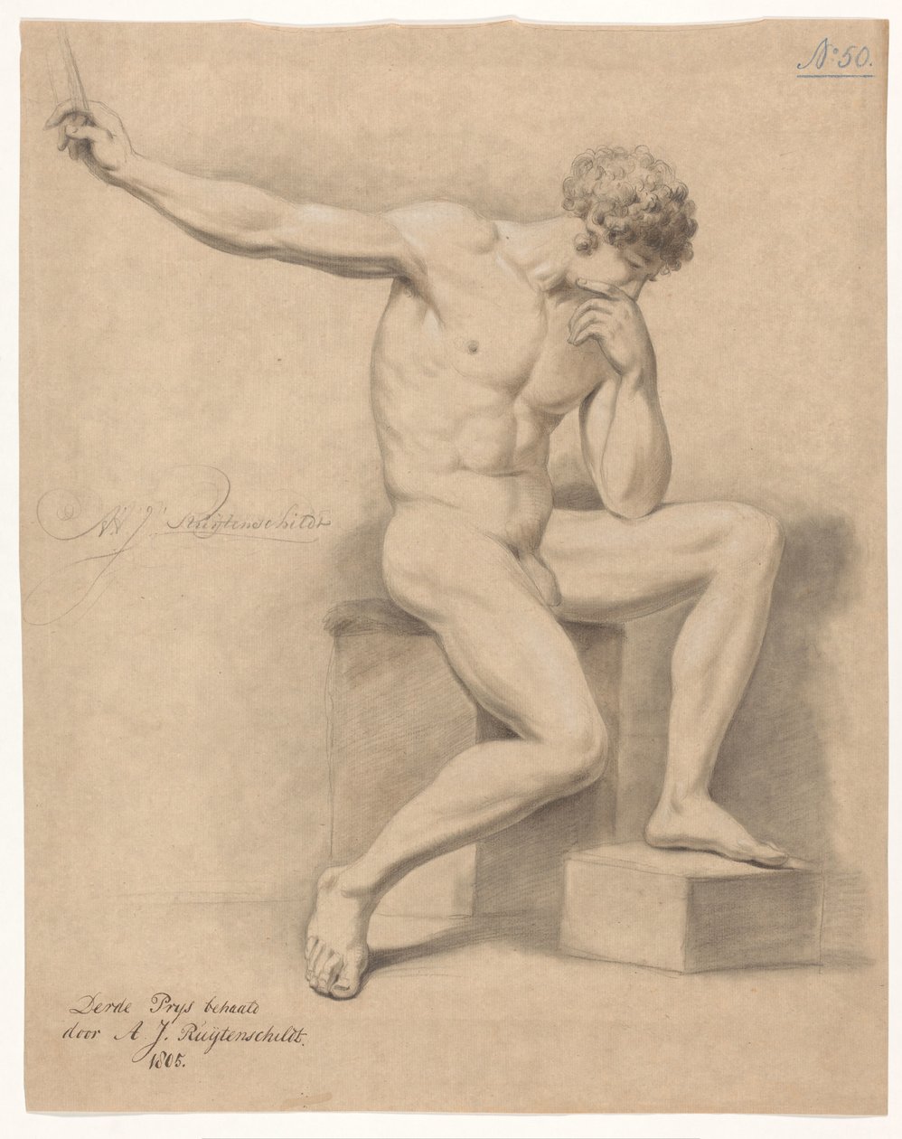 Sittende mann naken, sett forfra (3. premie 1805) av Abraham Johannes Ruytenschildt