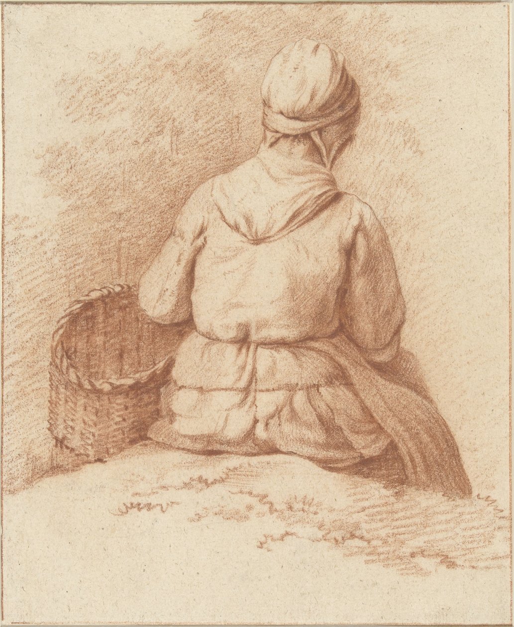 Sittende fiskekvinne med en kurv på armen, sett bakfra av Abraham Johannes Ruytenschildt
