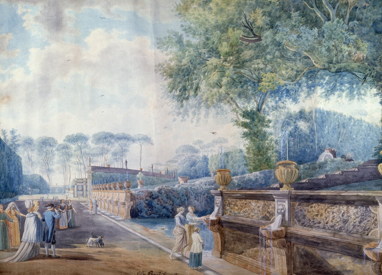 Hagene til Palazzo Doria Pamphilj, Roma (penn, blekk og akvarell) av Abraham L. Rudolph (attr. to) Ducros