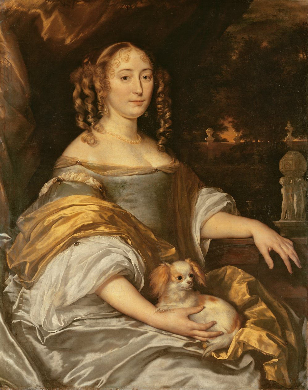 Portrett av en ung dame i blå kjole med lapdog av Abraham Lambertsz van den Tempel