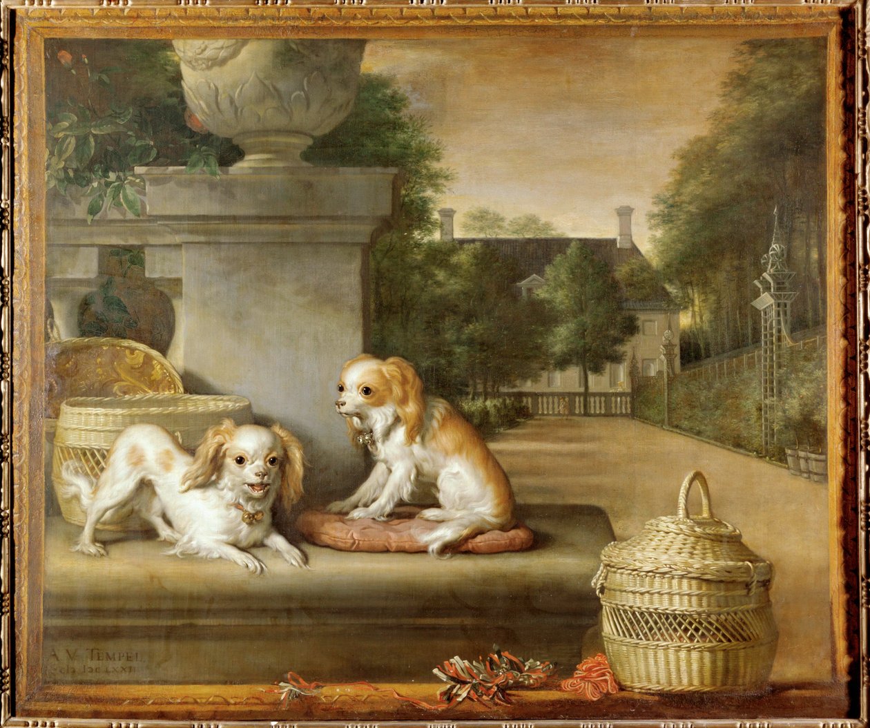 To hunder i en park, hundekurver og et landsted av Abraham Lamberts Jacobsz van den Tempel
