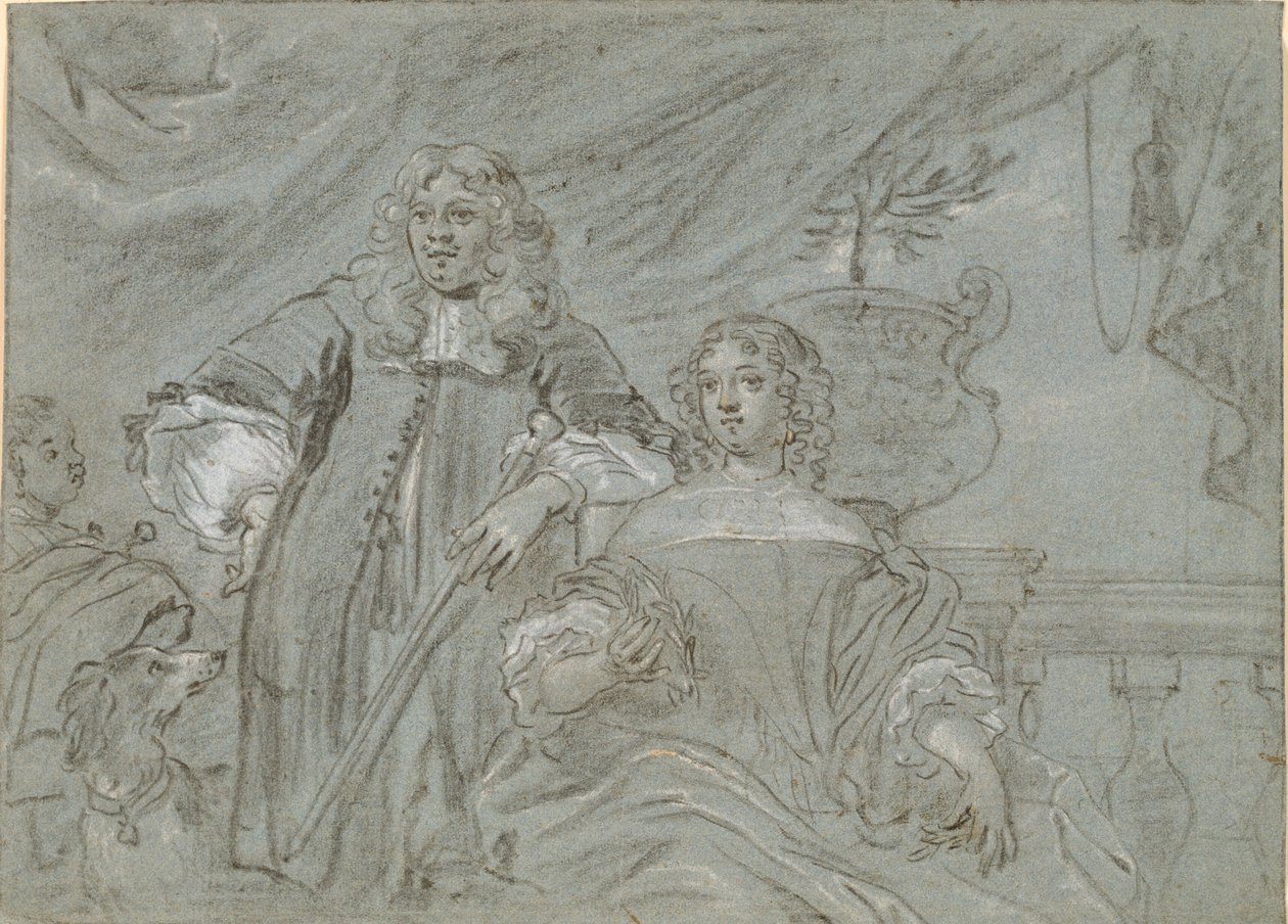 Gruppe av en sittende dame og en stående herre, knelende skikkelser. I bakgrunnen en svart afrikaner og en hund, t.h. en balustrade av Abraham Lambertsz. van den Tempel